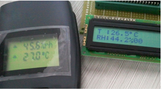 带板HTU21PCBA搭配1602LCD显示，与高精度手持表数据对比效果图