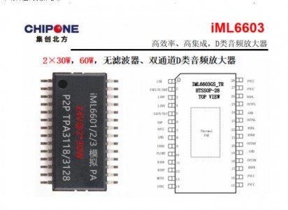 2x30W，60W无滤波器的高效模式-D类立体声音频功率放大器-IML6603