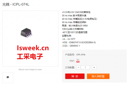 一款双通道采用SOIC-8封装的25MBd CMOS光耦合器-ICPL-074L