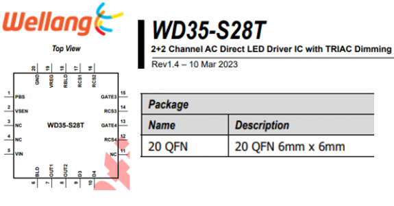 韩国Wellang 30W-LED恒流驱动芯片WD35-S28T，支持TRIAC调光